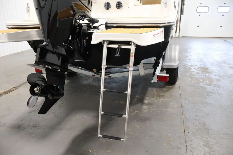 Slide: The Image of Rear view of 2026 Bayliner D20 boat with ladder and outboard motor. - 43