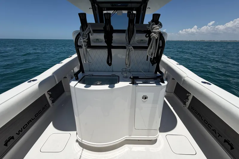 Slide: The Image of 2023 World Cat 280 CC-X boat interior with ocean view, featuring sleek design and equipment. - 9