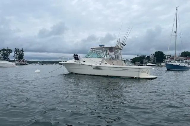 Slide: The Image of 2003 Pursuit 3000 Express boat anchored in a calm harbor under cloudy skies. - 2