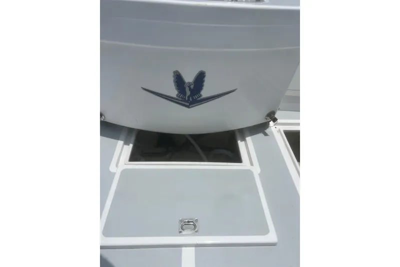 Slide: The Image of 1973 Bertram 31 Flybridge Cruiser stern with eagle emblem and deck hatch. - 19