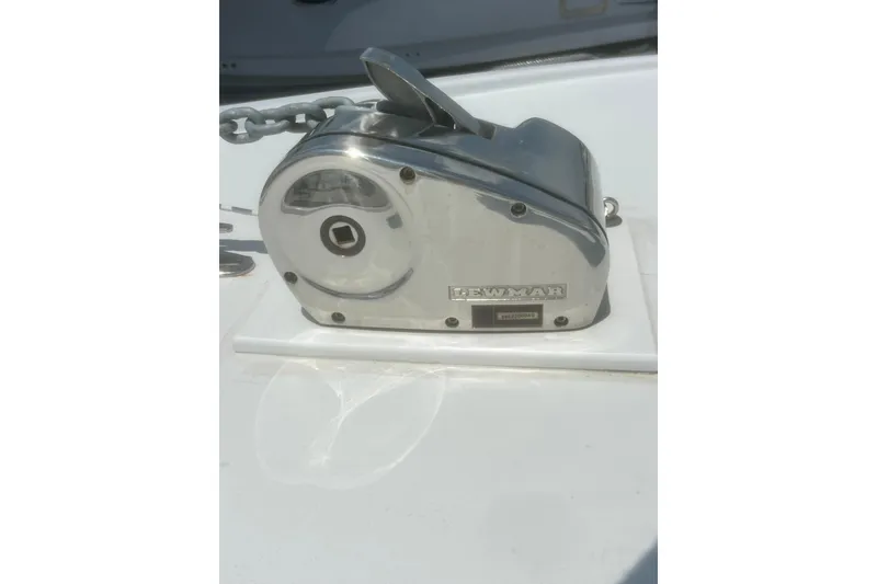 Slide: The Image of Lewmar windlass on 1973 Bertram 31 Flybridge Cruiser boat deck. - 36