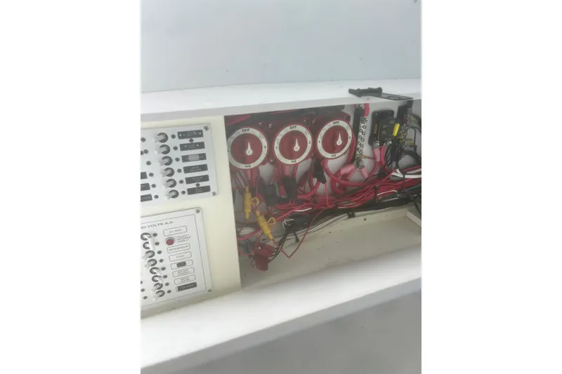 Slide: The Image of Electrical panel and wiring of a 1973 Bertram 31 Flybridge Cruiser boat. - 29