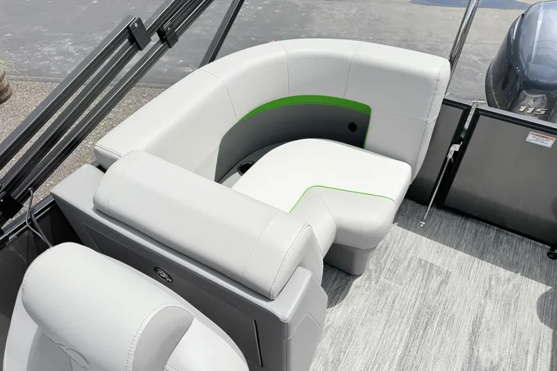 Slide: The Image of Luxurious seating on 2026 Qwest E-Class RLS 18 pontoon boat with modern design. - 8