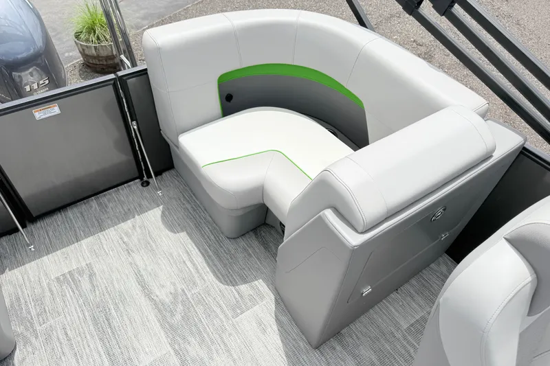 Slide: The Image of Luxurious seating on 2026 Qwest E-Class RLS 18 pontoon boat with modern design. - 9