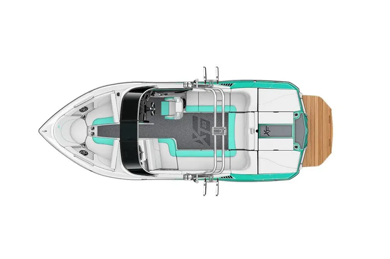 Slide: The Image of Manufacturer Provided Image: Top view of a 2021 MasterCraft XT23 boat with teal and white interior. - 22