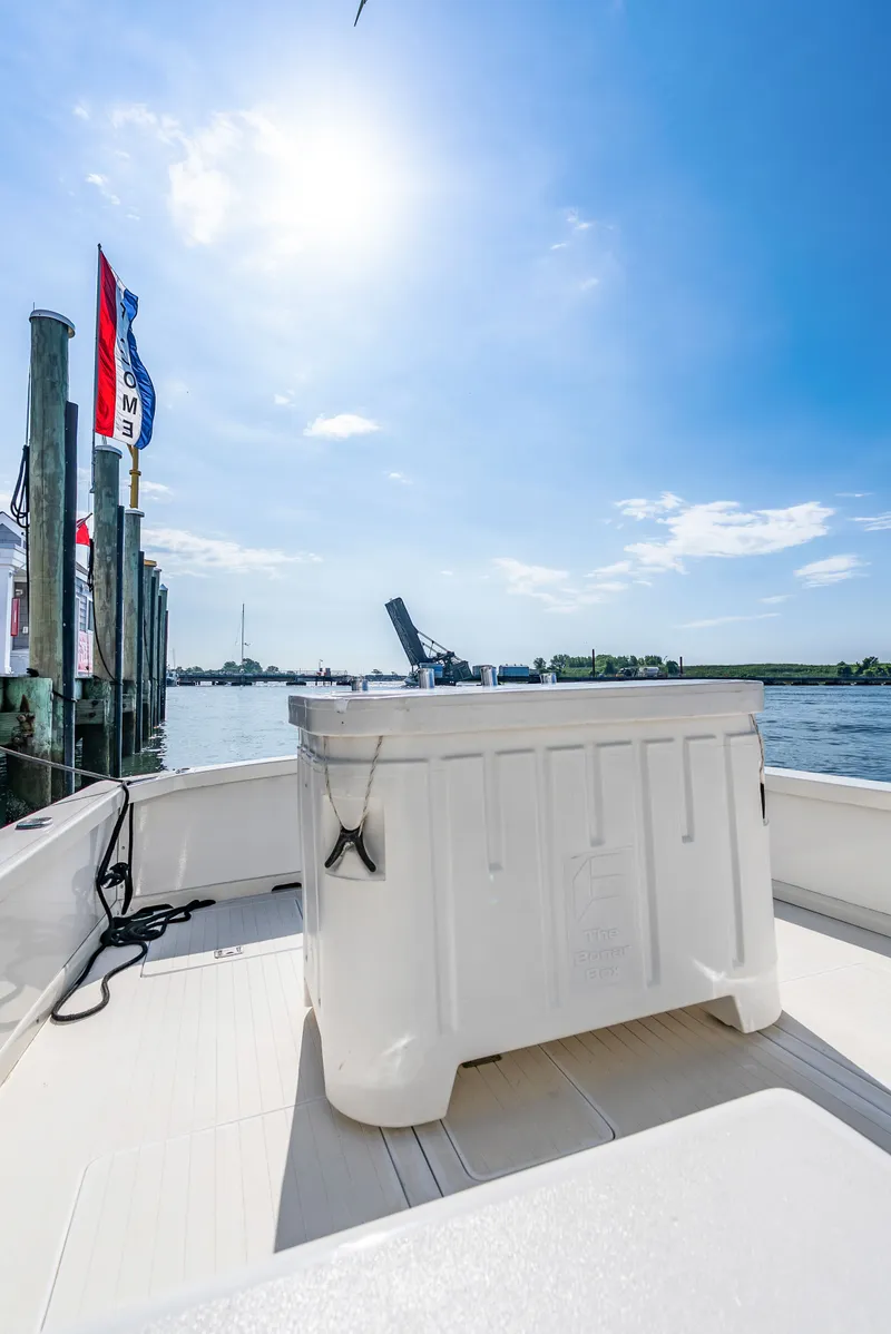 Slide: The Image of 1979 Bertram Flybridge Cruiser on calm water under a blue sky. - 14