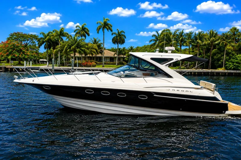The Image of 2008 Regal Commodore 4460 yacht cruising on a sunny day with palm trees in the background. - 0