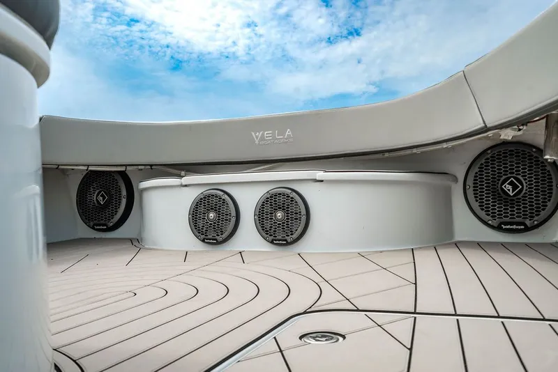 Slide: The Image of Speakers on the deck of a Custom 368 Center Console boat, year 2021. - 36