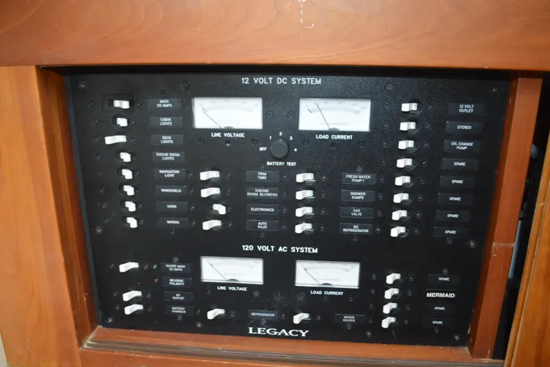 Slide: The Image of Electrical control panel on a 2003 Legacy 28 Express boat, featuring 12V and 120V systems. - 12