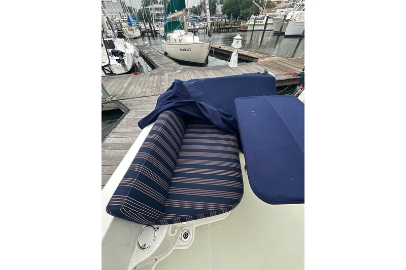 Slide: The Image of 2018 Back Cove 41 boat with striped seating at a marina dock. - 25