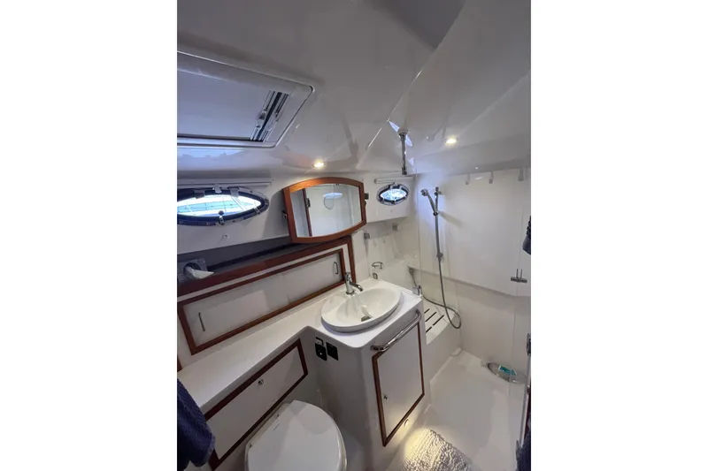 Slide: The Image of Luxurious bathroom interior of 2018 Back Cove 41 yacht with modern fixtures and elegant design. - 18