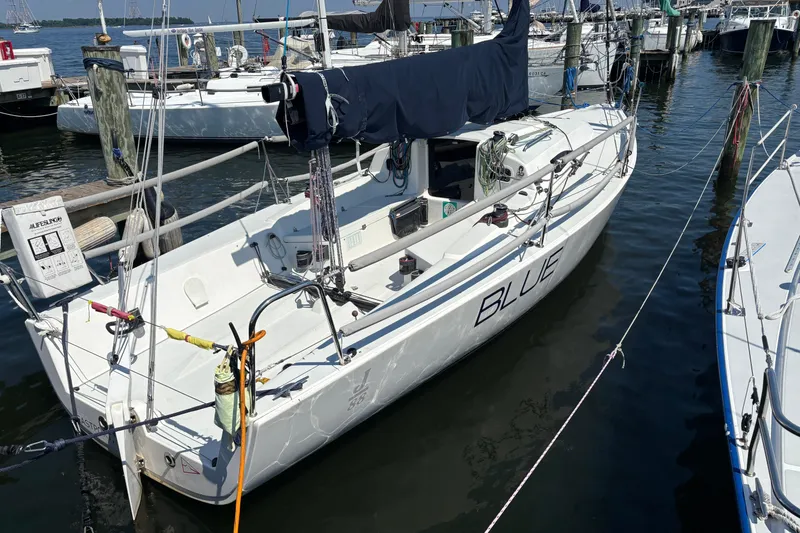 Slide: The Image of 2015 J Boats J/88 sailboat named "Blue" docked at a marina. - 6