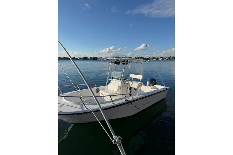 The Image of 1999 Edgewater 200CC boat on calm water under a clear blue sky. - 1