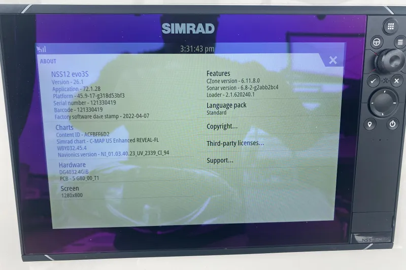 Slide: The Image of Simrad NSS12 evo3S display on Sea Chaser 24 HFC 2026 boat, showing software details. - 7