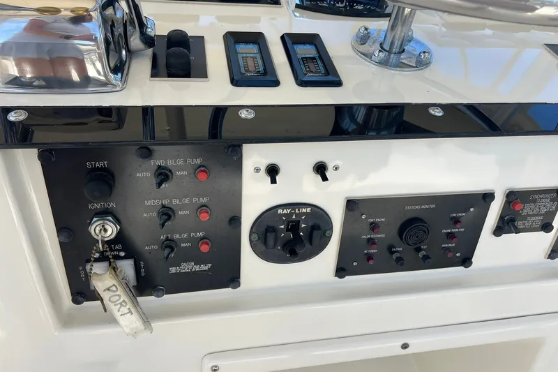 Slide: The Image of Control panel of a 1990 Hatteras 41 Convertible boat with various switches and indicators. - 7