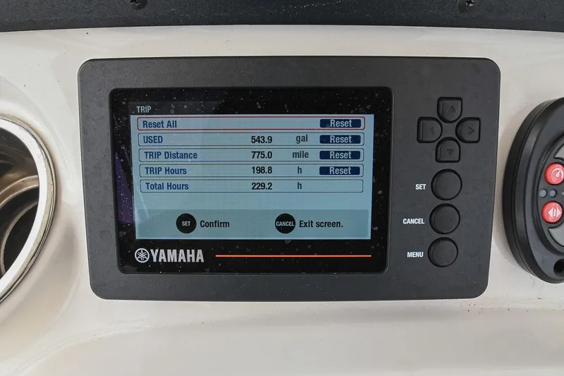 Slide: The Image of Yamaha display on 2021 Pathfinder 2200 TRS showing trip data and fuel usage. - 34