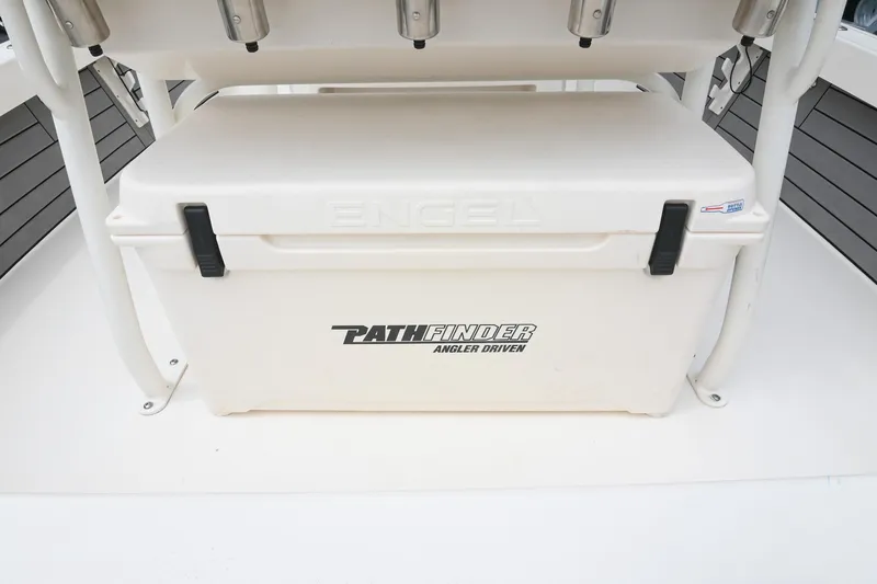 Slide: The Image of White Engel cooler on 2021 Pathfinder 2200 TRS boat deck. - 27