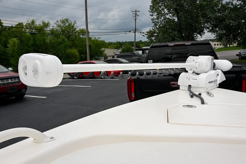 Slide: The Image of Minn Kota trolling motor on 2021 Pathfinder 2200 TRS boat in parking lot. - 52