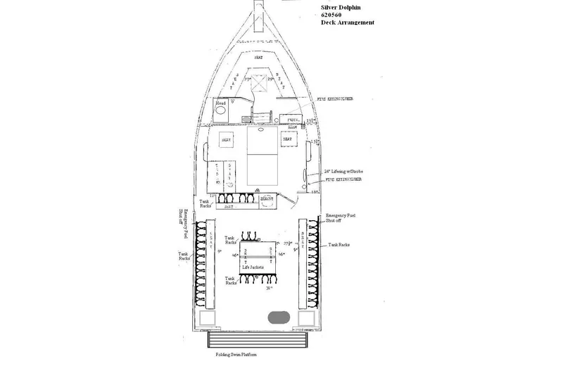 Slide: The Image of Deck layout of 1980 Thompson Passenger and Dive Trawler, featuring seating and tank racks. - 14