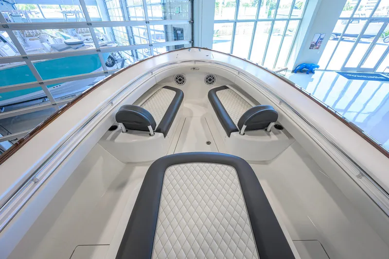 Slide: The Image of 2023 Valhalla Boatworks V-33 interior with luxurious seating and modern design. - 16