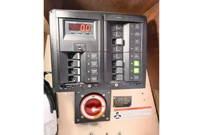 Slide: The Image of Electrical control panel on a 1977 Mercator Offshore boat by Mercator Boat Works. - 22