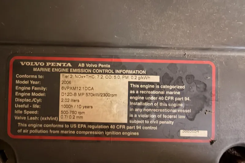 Slide: The Image of Volvo Penta marine engine emission label on 2007 Viking Princess 54 Flybridge. - 101