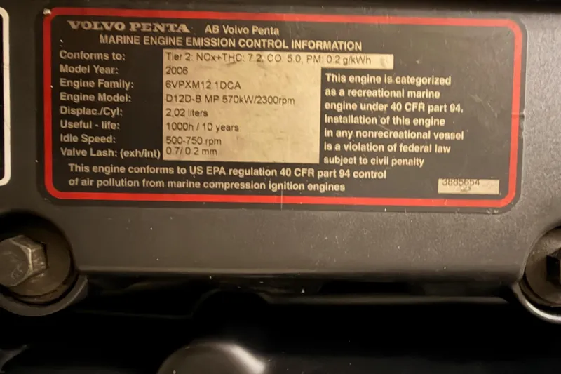 Slide: The Image of Volvo Penta marine engine emission control label, 2006 model, for Viking Princess 54 Flybridge. - 97