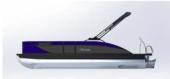 The Image of Side view of a modern pontoon boat with blue and black design and open canopy. - 1