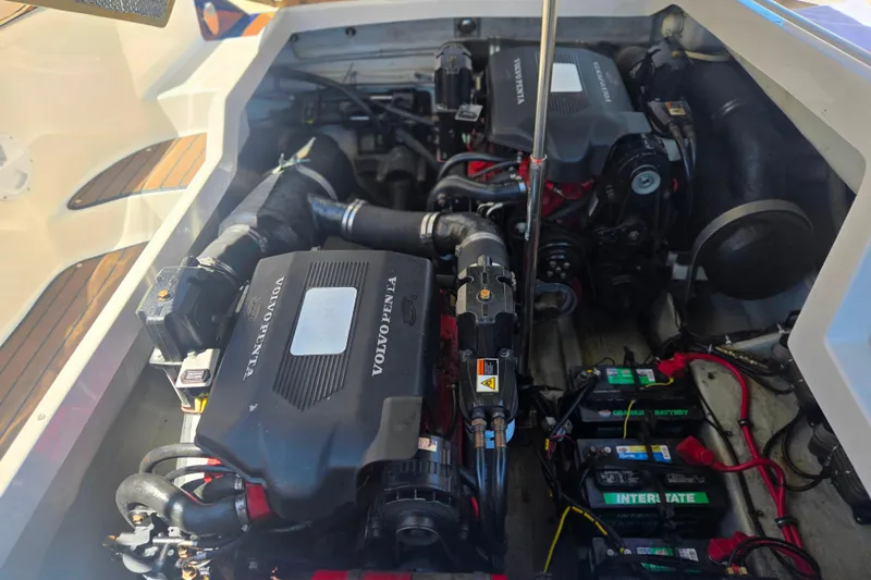 Slide: The Image of Engine compartment of a 2002 Chris-Craft Launch 28 GT I/O with Volvo Penta engines. - 19