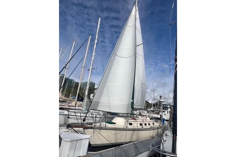 Slide: The Image of Sailboat Caliber 33, 1991 model, docked at marina under clear blue sky. - 6