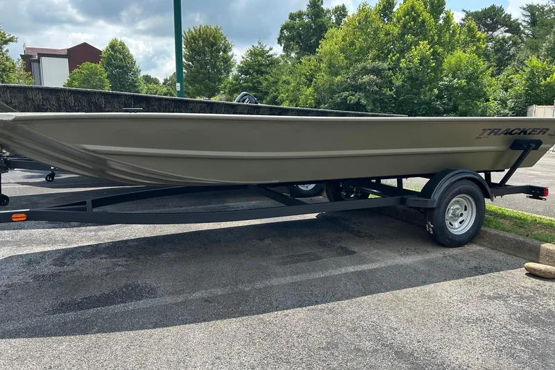 The Image of 2026 Tracker Grizzly 1754 Utility boat on trailer, parked outdoors. - 0