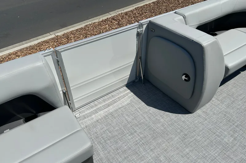 Slide: The Image of 2026 Sun Tracker Party Barge 18 DLX interior seating and flooring detail. - 21