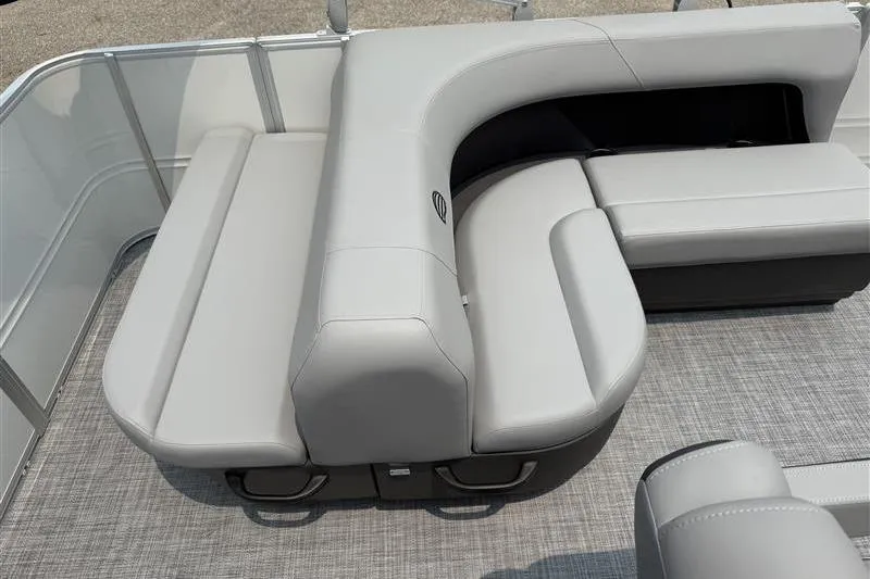 Slide: The Image of 2026 Sun Tracker Party Barge 18 DLX with luxurious gray seating and spacious layout. - 16