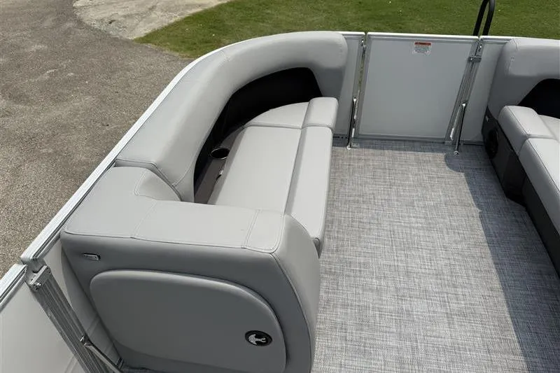 Slide: The Image of 2026 Sun Tracker Party Barge 18 DLX with gray seating and spacious deck. - 12