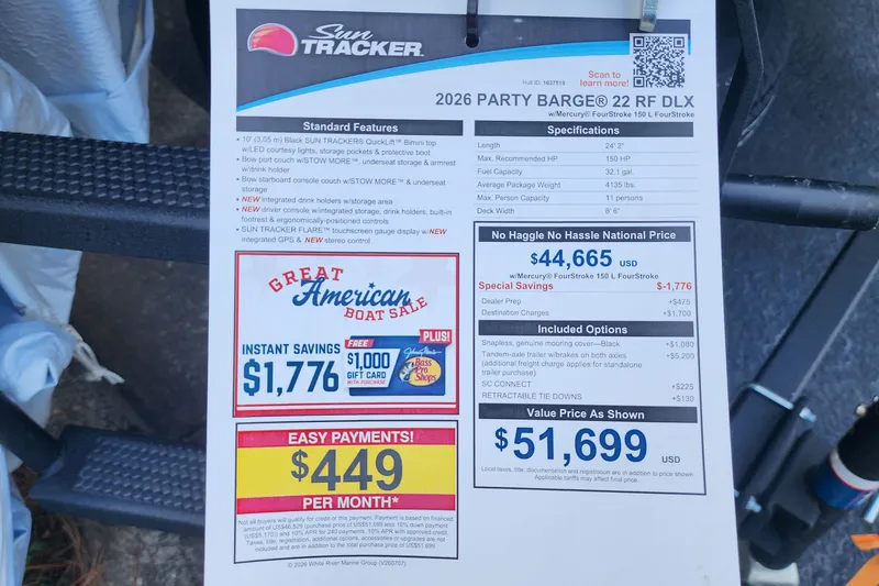 Slide: The Image of 2026 Sun Tracker Party Barge 22 RF DLX boat sale flyer with pricing and features. - 86