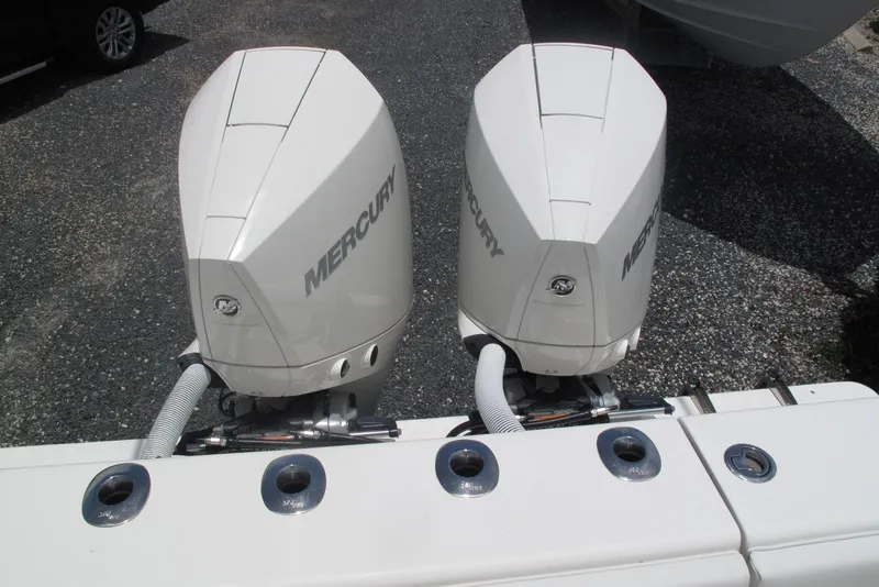 Slide: The Image of Twin Mercury outboard engines on a 2022 SeaVee 322Z boat, viewed from above. - 3