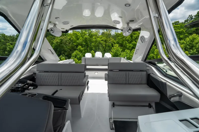 Slide: The Image of Luxurious interior of 2026 Monterey 385SS Super Sport boat with sleek seating and modern design. - 18