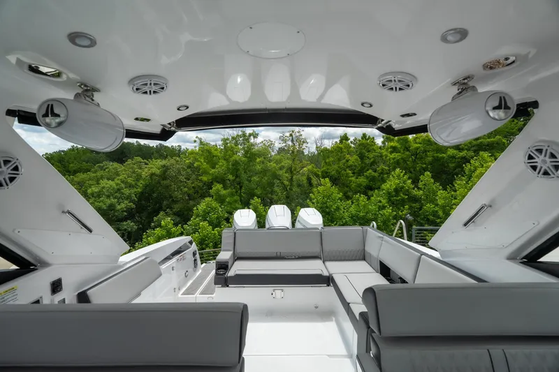 Slide: The Image of Luxurious interior of 2026 Monterey 385SS Super Sport boat with plush seating and modern design. - 8
