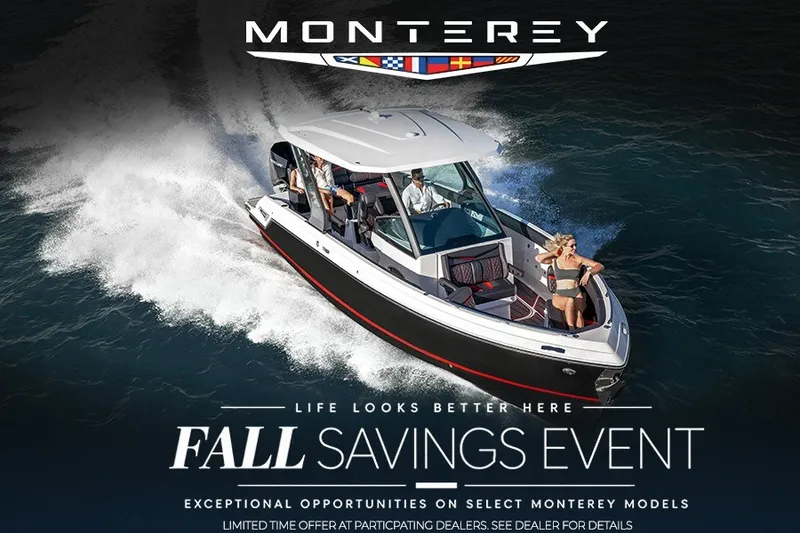 Slide: The Image of 2026 Monterey 385SS Super Sport boat in fall savings event promotion on water. - 33