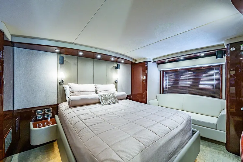 Slide: The Image of Luxurious bedroom interior of 2008 Sea Ray 60 Sundancer yacht with elegant furnishings. - 46