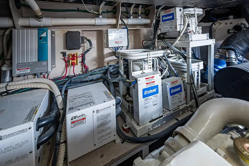 Slide: The Image of Engine room of 2008 Sea Ray 60 Sundancer with electrical systems and components. - 72