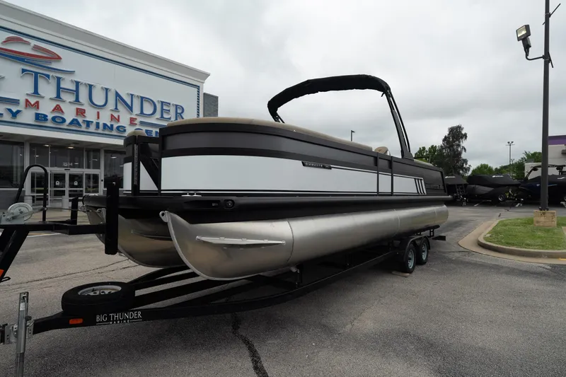 Slide: The Image of 2026 Viaggio Diamante U 26 pontoon boat on trailer at Big Thunder Marine dealership. - 9