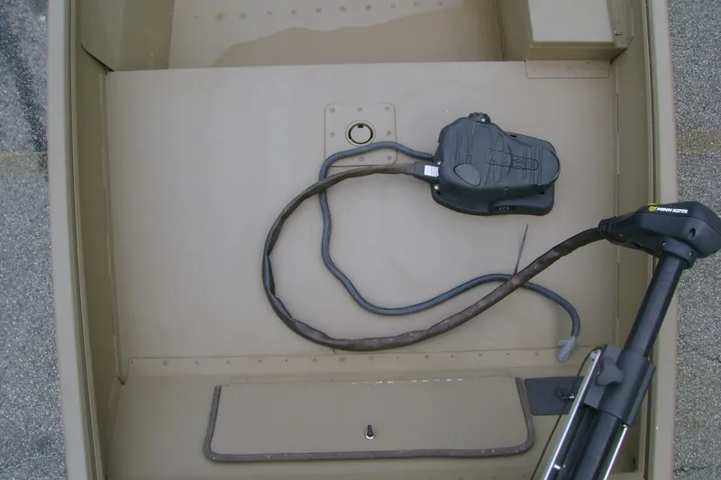 Slide: The Image of 2023 G3 1652 DK boat interior with trolling motor and wiring. - 10