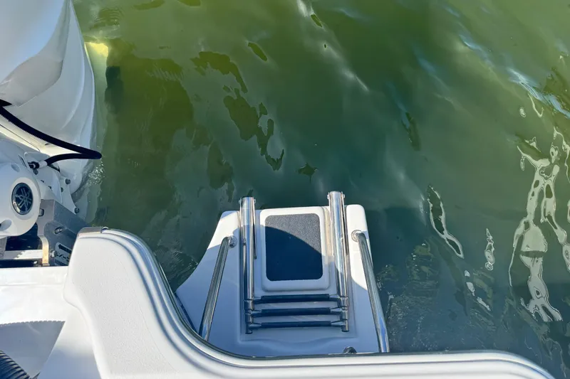 Slide: The Image of 2021 Sportsman Masters 267 Bay Boat swim ladder over green water. - 26