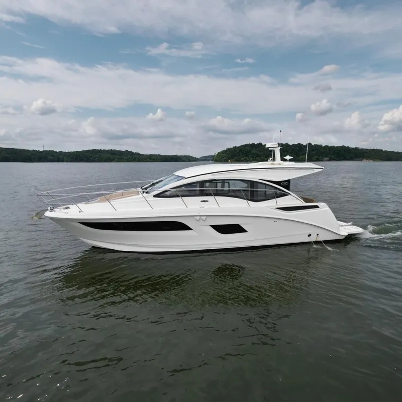 The Image of 2017 Sea Ray Sundancer 400 yacht on a calm lake under cloudy skies. - 0