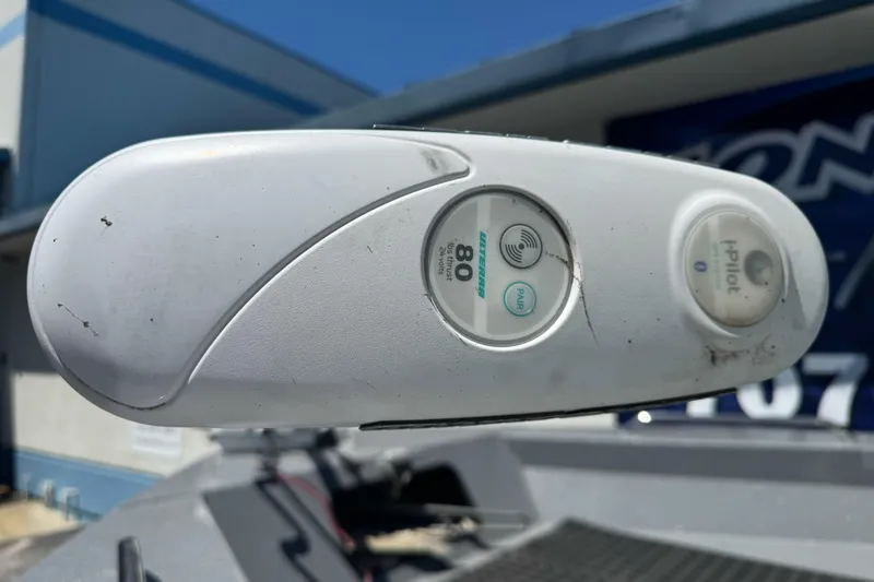 Slide: The Image of Close-up of a Minn Kota trolling motor on a 2014 River Hawk 19 GB boat. - 9