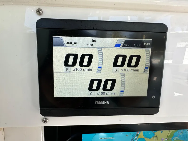 Slide: The Image of Yamaha display on 2008 Everglades 350 CC boat showing RPM and speed. - 26