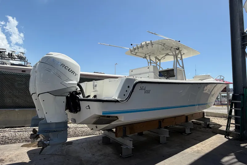 Slide: The Image of 2009 SeaVee 340B Cuddy boat with Mercury engine on dry dock. - 3
