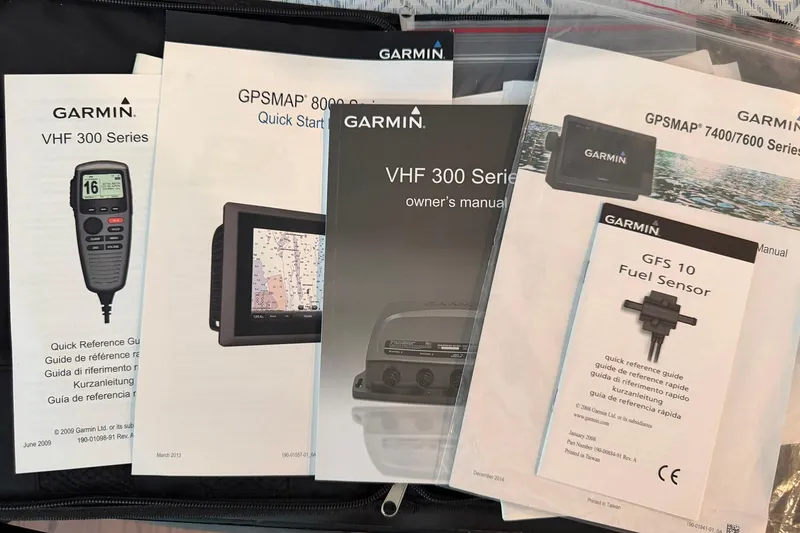 Slide: The Image of Garmin manuals for VHF 300, GPSMAP 8000/7400, and GFS 10 Fuel Sensor on display. - 43