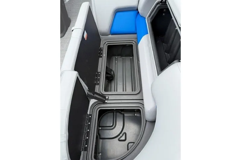 Slide: The Image of 2026 Sun Tracker Party Barge 20 DLX storage compartments with open seating. - 16